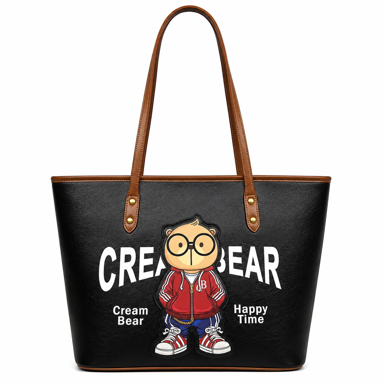 Black Cream Bear tote bag with brown shoulder straps, cartoon bear graphic, large Cream Bear logo, and white studio background.