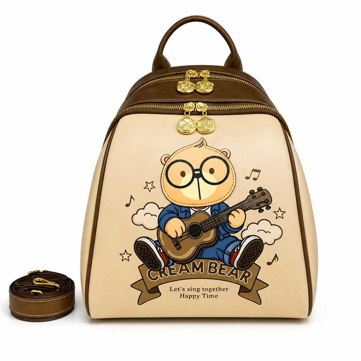 Beige and brown mini backpack with a Cream Bear character playing a guitar, double zip compartments, top handle, and adjustable shoulder straps.