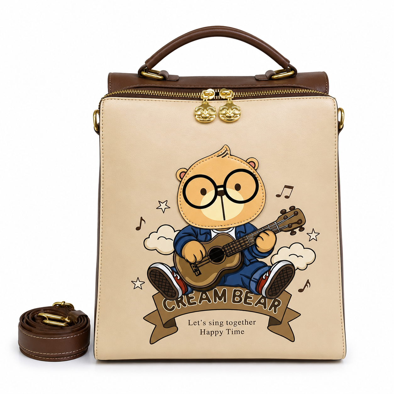 Beige and brown square backpack featuring a Cream Bear character playing a guitar, with a top handle, detachable shoulder strap, and gold-tone hardware.