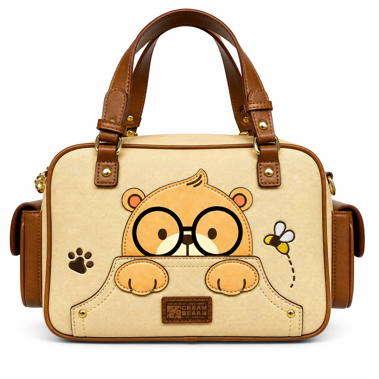 Beige Cream Bear handbag with a cute bear applique, bee embroidery, brown handles, and gold-tone hardware.