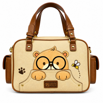 Beige Cream Bear handbag with a cute bear applique, bee embroidery, brown handles, and gold-tone hardware.