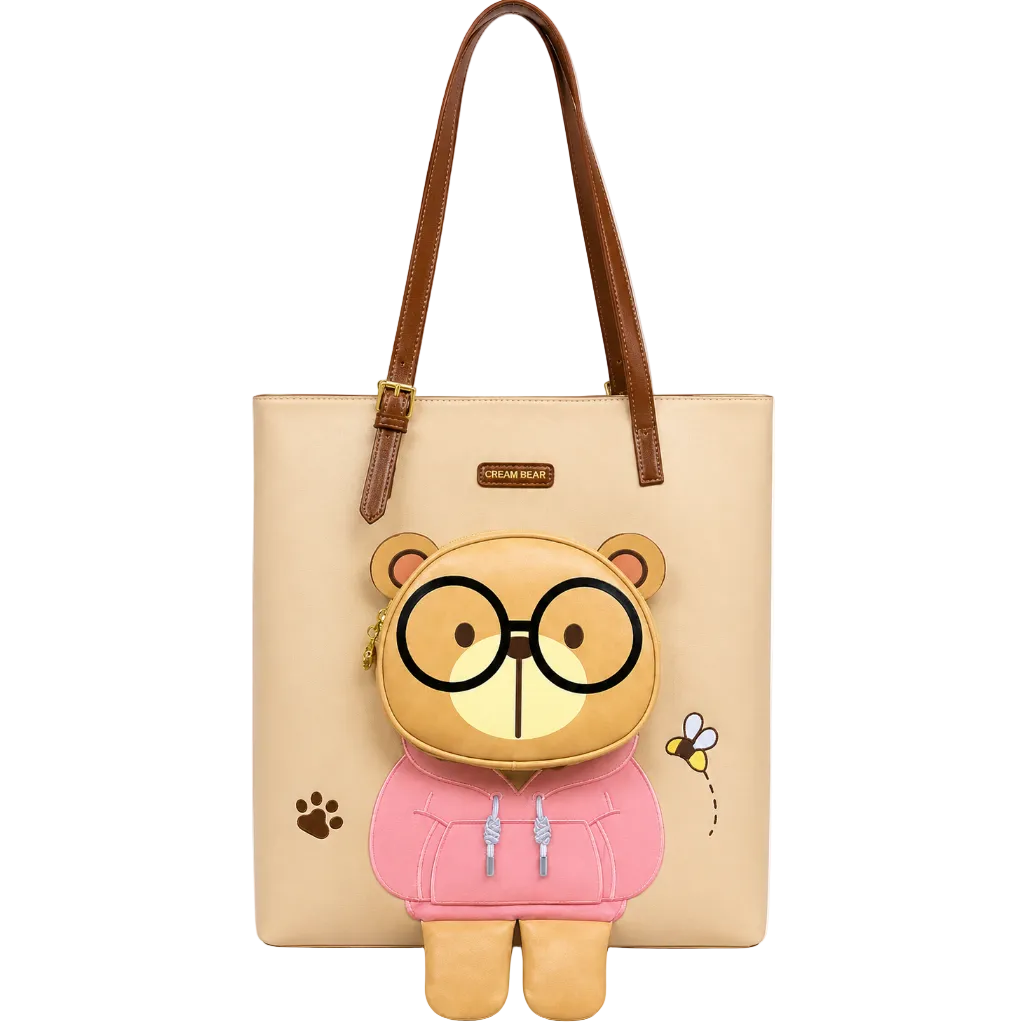 Beige Cream Bear tote bag with brown shoulder straps, large bear-shaped front pocket wearing a pink hoodie, and gold-tone hardware.