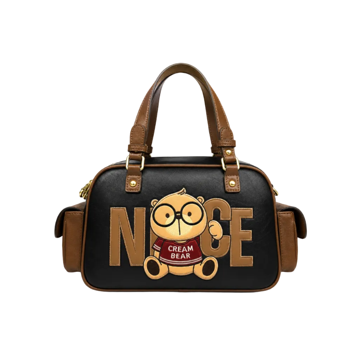 Black and brown Cream Bear Boston handbag with "NICE" lettering, cartoon bear graphic, dual top handles, and side pockets on a white studio background.