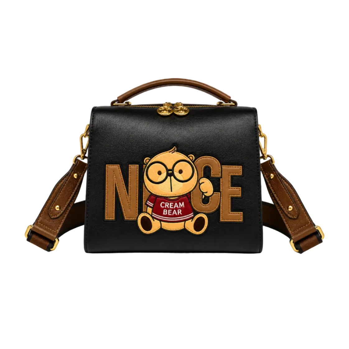 Black Cream Bear square crossbody bag with embroidered Cream Bear character, "NICE" lettering, top handle, adjustable shoulder strap, and gold-tone hardware.