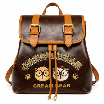 Brown Cream Bear backpack with dual buckle flap closure, embroidered bear characters, and adjustable shoulder straps.