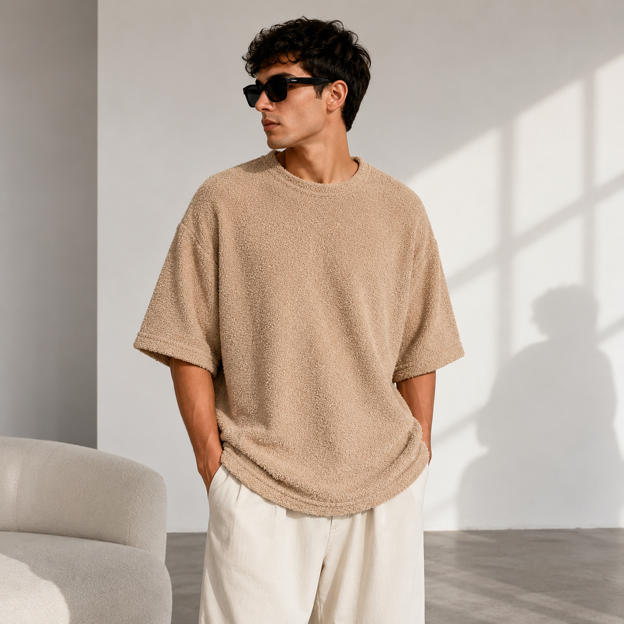Men’s Textured Oversized T-Shirt – Beige