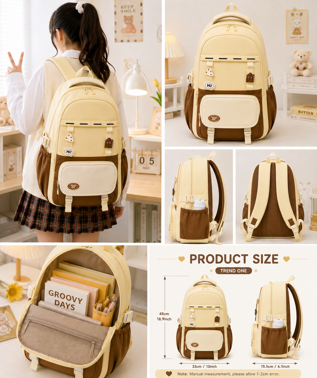 Trend One School Backpack – Light Yellow & Brown