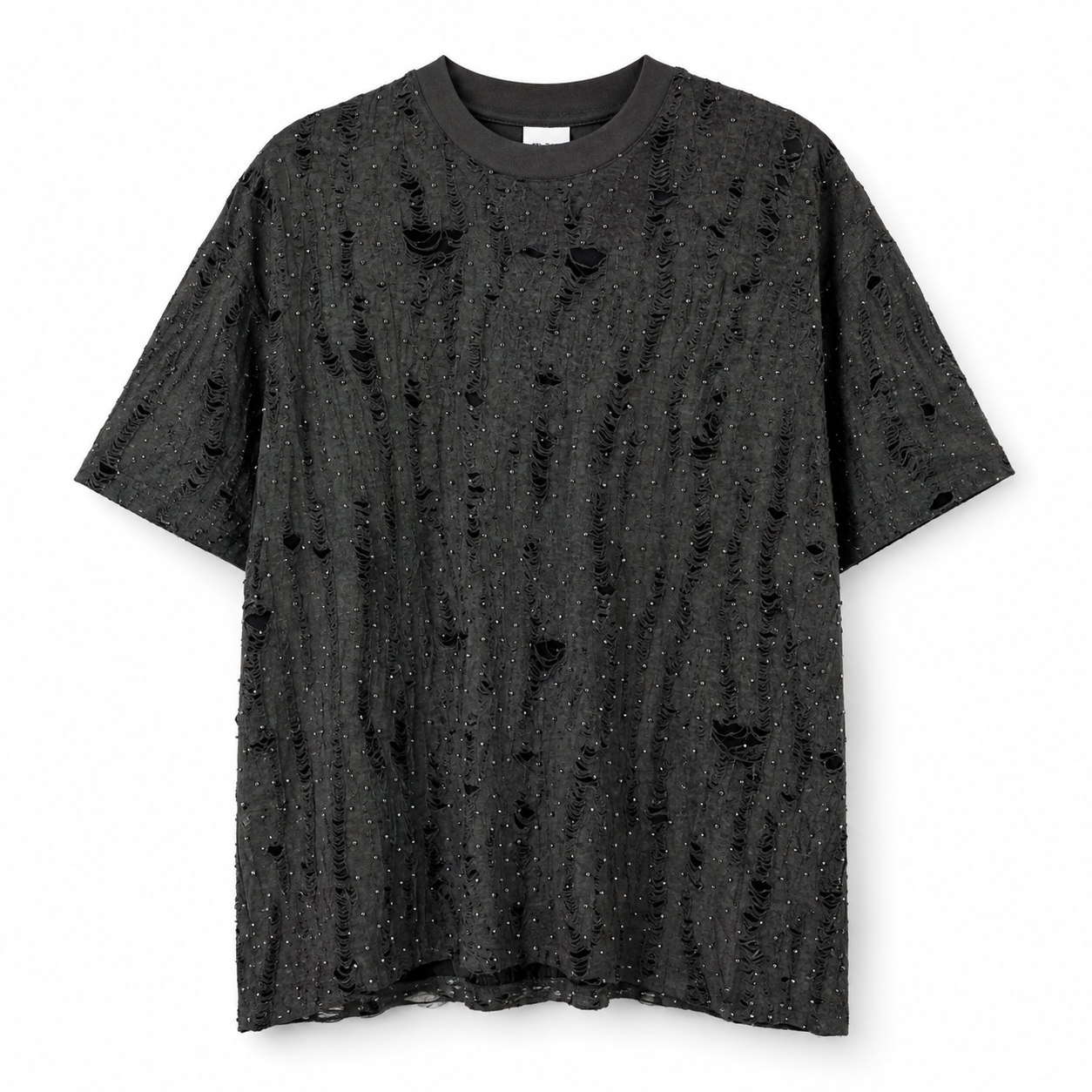 Men’s Distressed Rhinestone Oversized T-Shirt – Charcoal Black