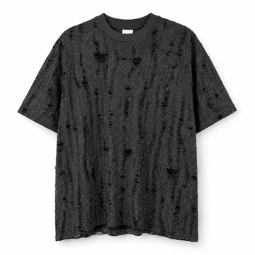 Men’s Distressed Rhinestone Oversized T-Shirt – Charcoal Black