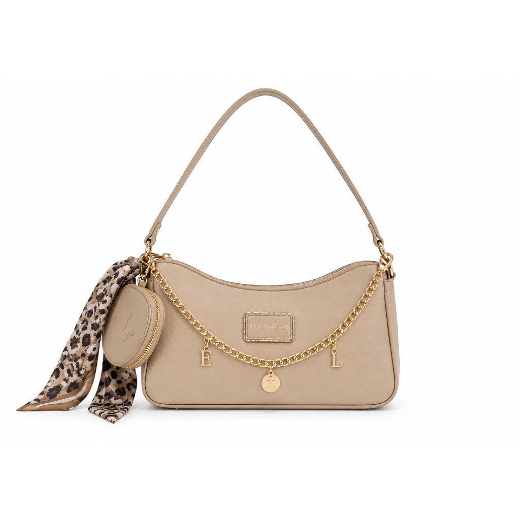 EMILY LORAN beige women's shoulder bag featuring gold chain letter charms, matching round coin pouch, printed scarf, and premium gold-tone hardware for everyday elegance.