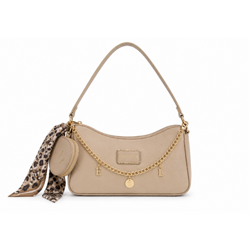 EMILY LORAN beige women's shoulder bag featuring gold chain letter charms, matching round coin pouch, printed scarf, and premium gold-tone hardware for everyday elegance.
