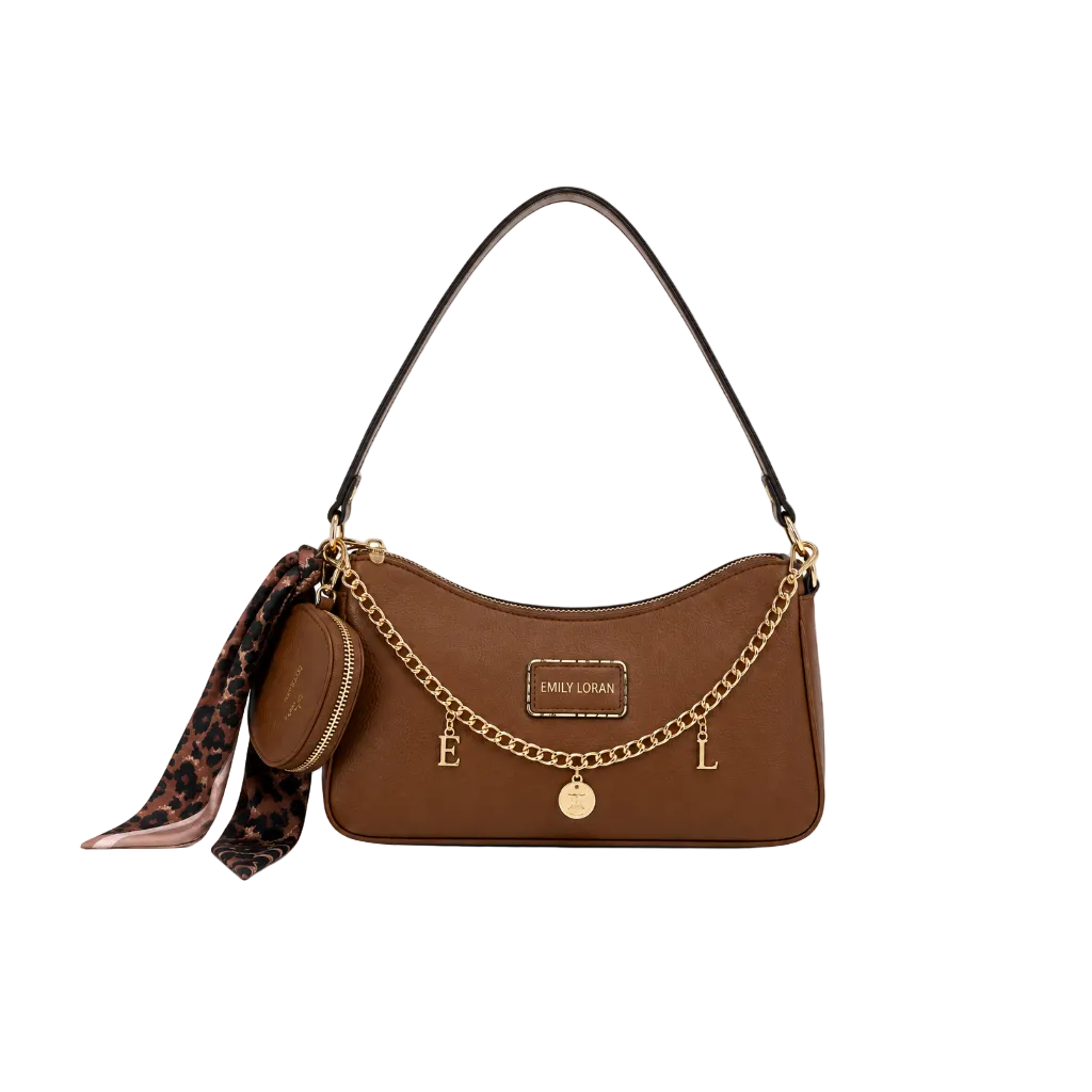 EMILY LORAN brown women's shoulder bag featuring gold chain letter charms, matching round coin pouch, printed scarf, and premium gold-tone hardware for everyday elegance.