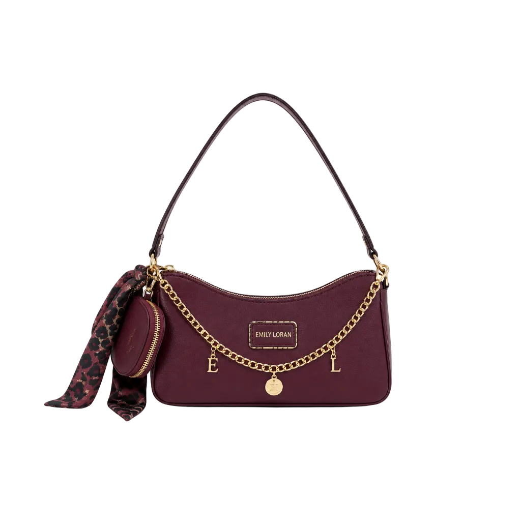 EMILY LORAN burgundy women's shoulder bag featuring gold chain letter charms, matching round coin pouch, printed scarf, and premium gold-tone hardware for everyday elegance.