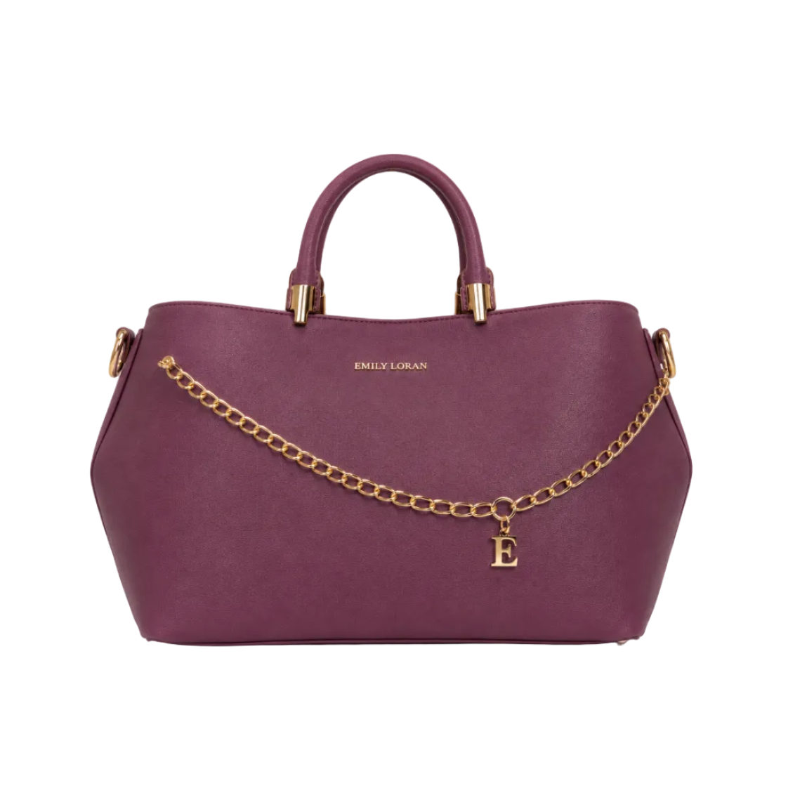 EMILY LORAN burgundy women's tote bag featuring gold chain accent, signature E charm, top handles, detachable shoulder strap, and spacious interior for everyday elegance.