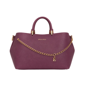 EMILY LORAN burgundy women's tote bag featuring gold chain accent, signature E charm, top handles, detachable shoulder strap, and spacious interior for everyday elegance.