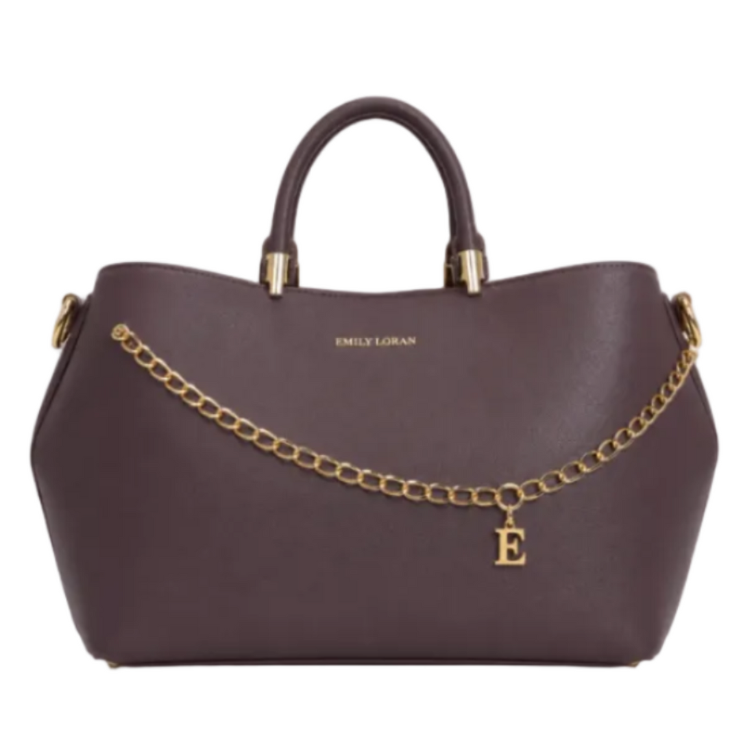 EMILY LORAN dark brown women's tote bag featuring gold chain accent, signature E charm, top handles, detachable shoulder strap, and spacious interior for everyday elegance.