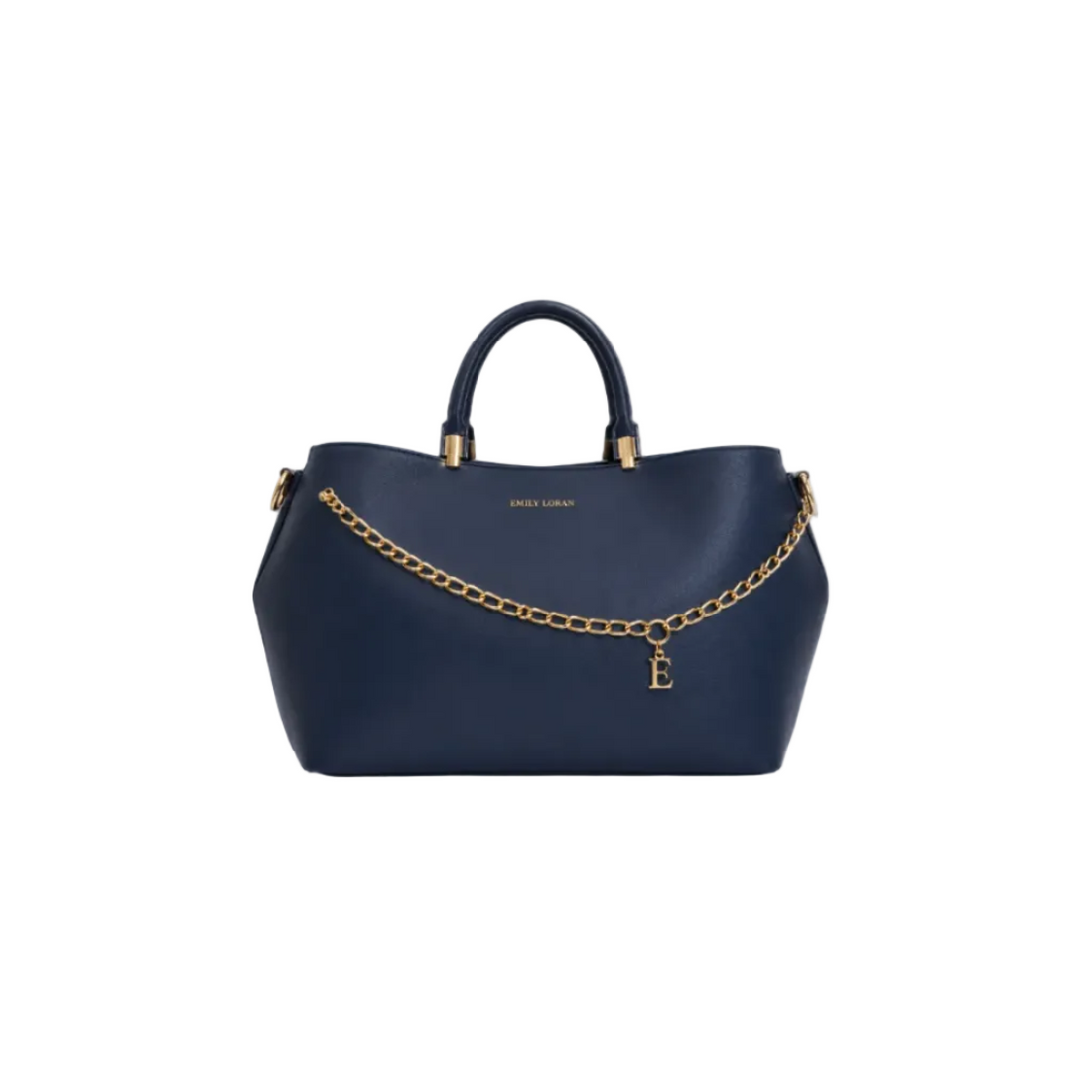 EMILY LORAN navy blue women's tote bag featuring gold chain accent, signature E charm, top handles, detachable shoulder strap, and spacious interior for everyday elegance.