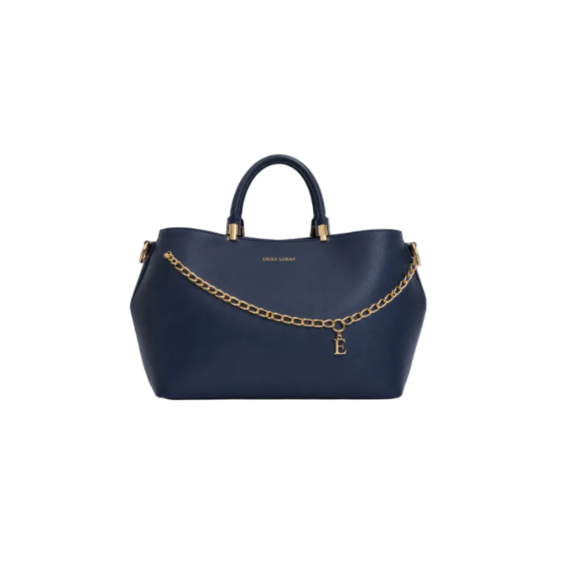 EMILY LORAN navy blue women's tote bag featuring gold chain accent, signature E charm, top handles, detachable shoulder strap, and spacious interior for everyday elegance.