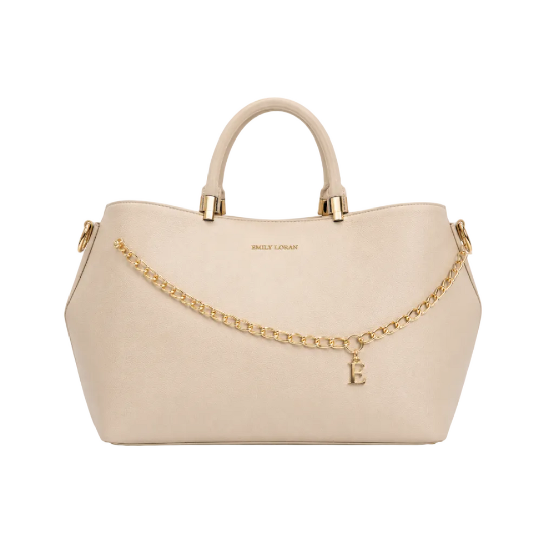 EMILY LORAN off white women's tote bag featuring gold chain accent, signature E charm, top handles, detachable shoulder strap, and spacious interior for everyday elegance.