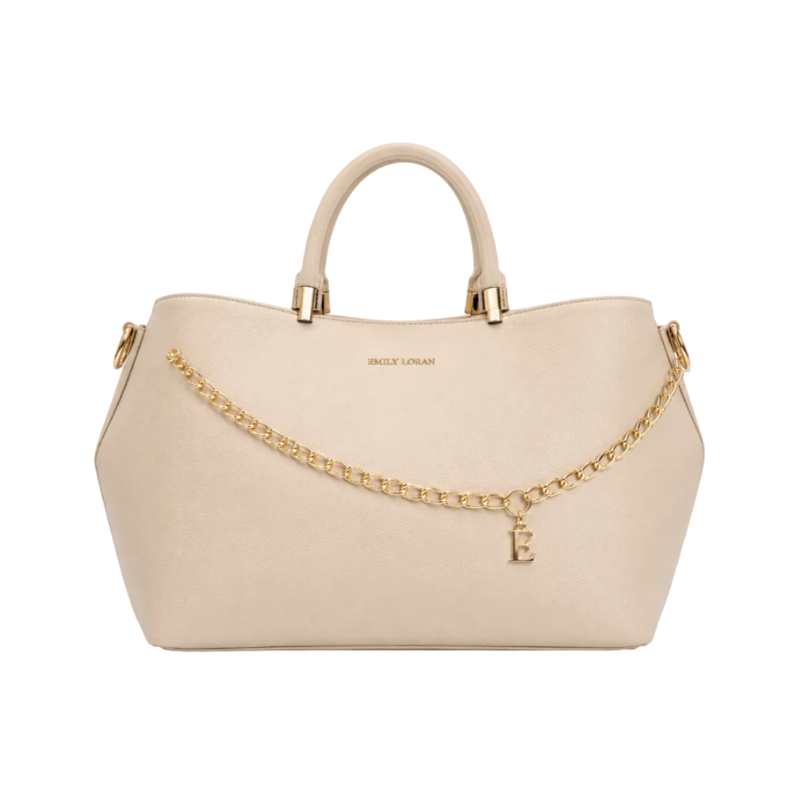 EMILY LORAN off white women's tote bag featuring gold chain accent, signature E charm, top handles, detachable shoulder strap, and spacious interior for everyday elegance.