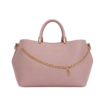 EMILY LORAN pink women's tote bag featuring gold chain accent, signature E charm, top handles, detachable shoulder strap, and spacious interior for everyday elegance.
