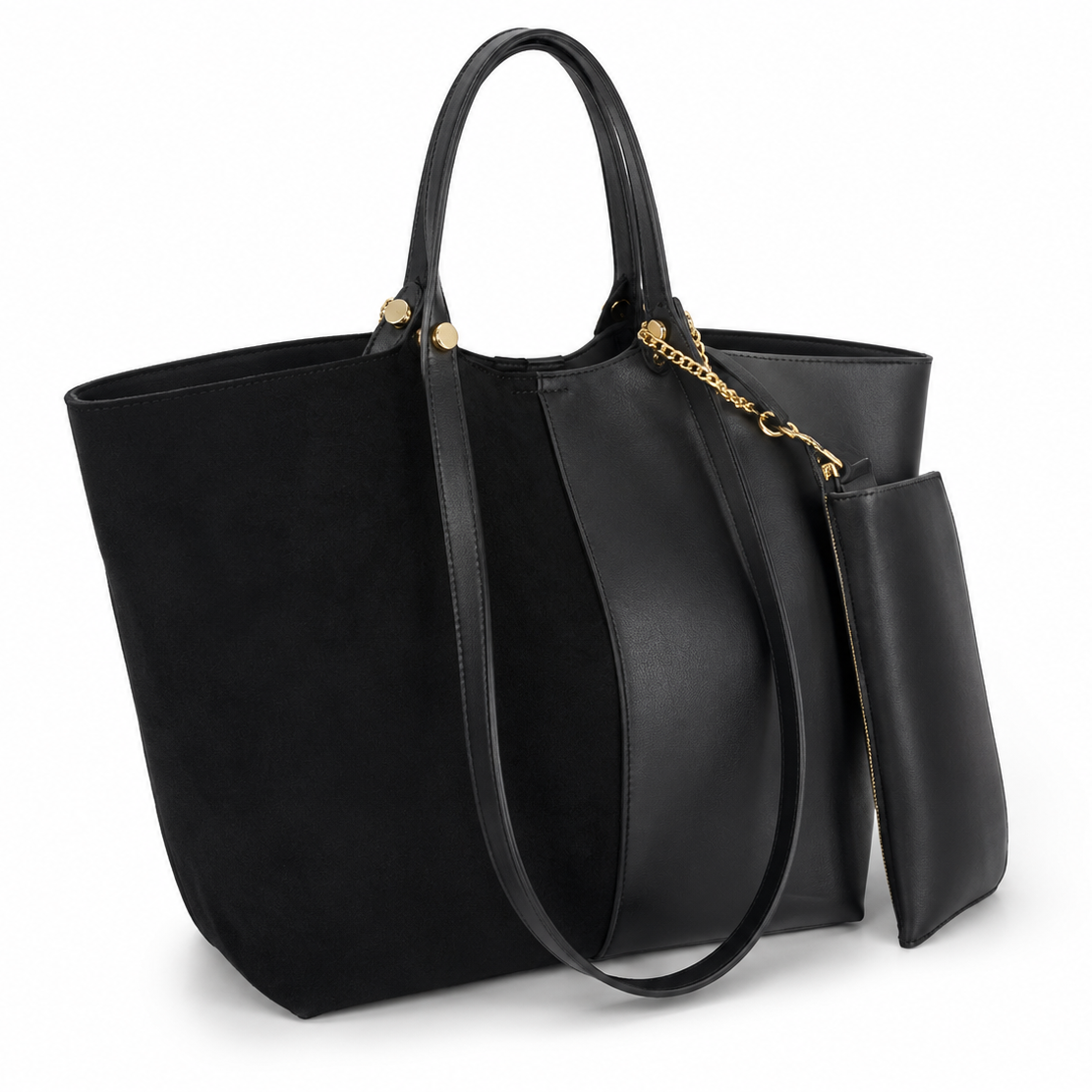 EMILY LORAN women's black large tote bag with matching detachable pouch, dual shoulder handles, spacious interior, and elegant everyday design.