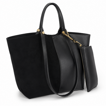 EMILY LORAN women's black large tote bag with matching detachable pouch, dual shoulder handles, spacious interior, and elegant everyday design.