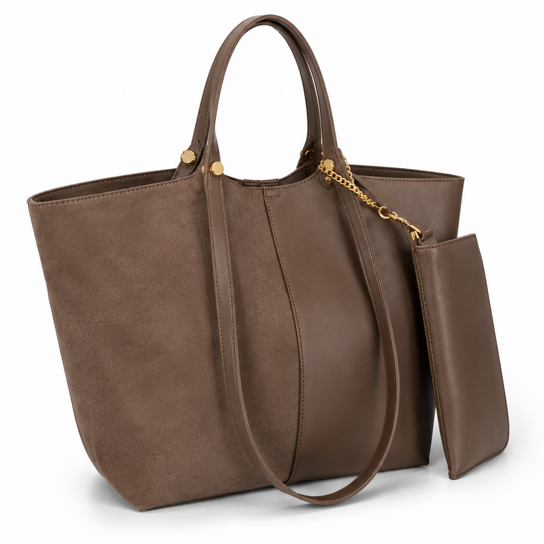 EMILY LORAN women's brown large tote bag with matching detachable pouch, dual shoulder handles, spacious interior, and elegant everyday design.
