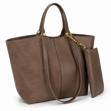 EMILY LORAN women's brown large tote bag with matching detachable pouch, dual shoulder handles, spacious interior, and elegant everyday design.