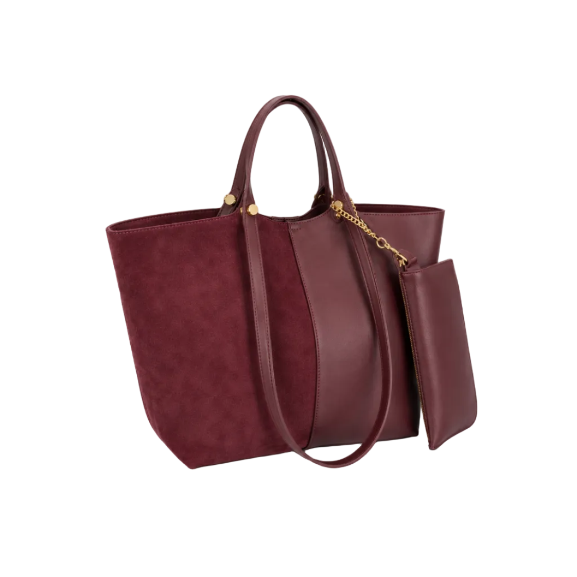 EMILY LORAN women's burgundy large tote bag with matching detachable pouch, dual shoulder handles, spacious interior, and elegant everyday design.