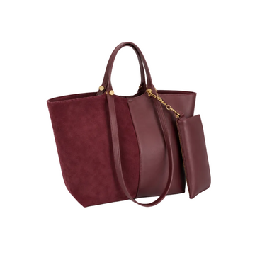 EMILY LORAN women's burgundy large tote bag with matching detachable pouch, dual shoulder handles, spacious interior, and elegant everyday design.