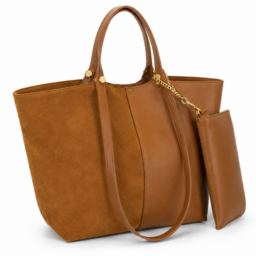 EMILY LORAN women's camel large tote bag with matching detachable pouch, dual shoulder handles, spacious interior, and elegant everyday design.
