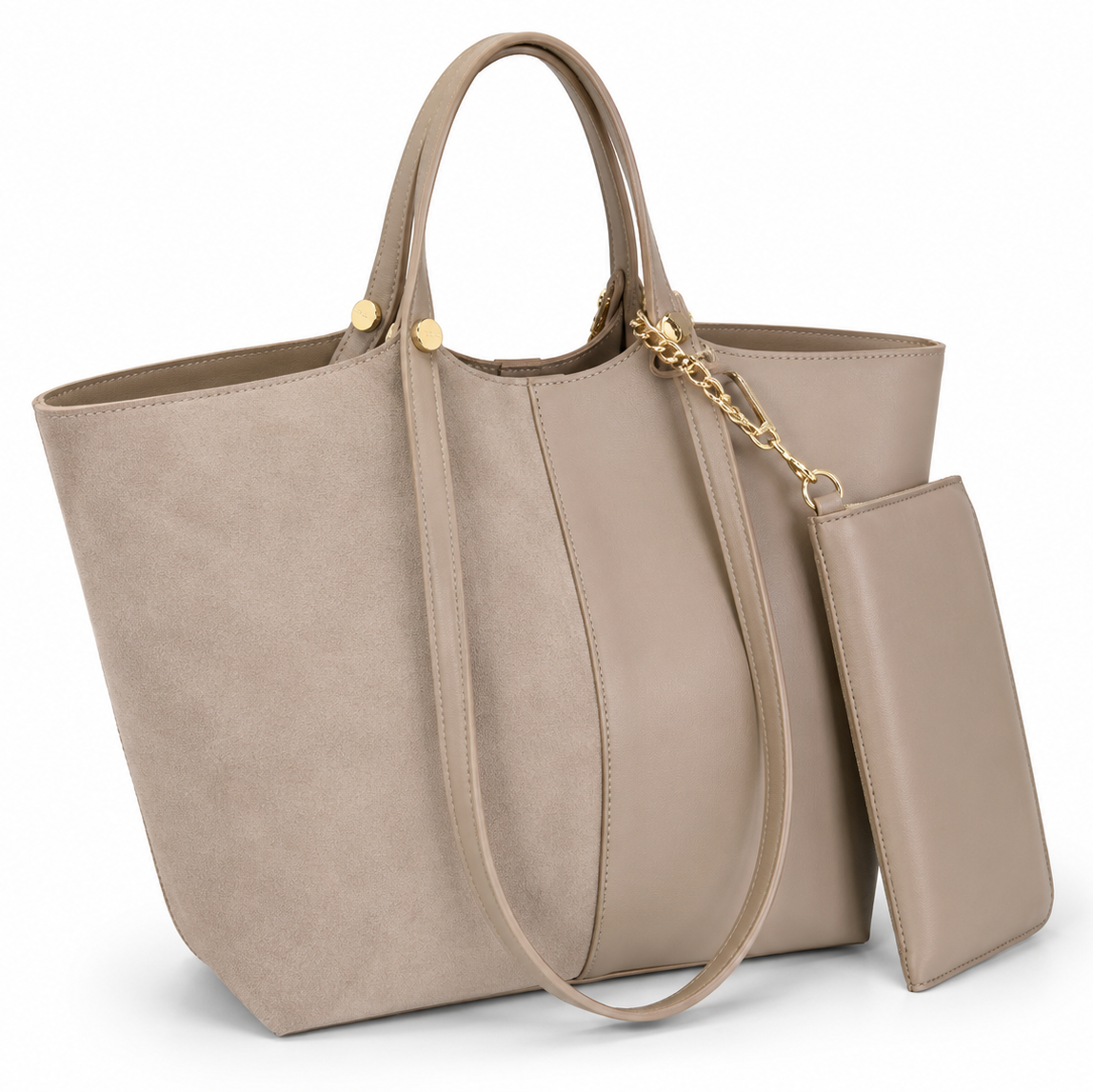 EMILY LORAN women's taupe large tote bag with matching detachable pouch, dual shoulder handles, spacious interior, and elegant everyday design.