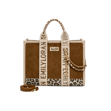 EMILY LORAN brown women's tote bag with leopard print accents, gold-tone hardware, top handles, detachable shoulder strap, and spacious interior for everyday use.