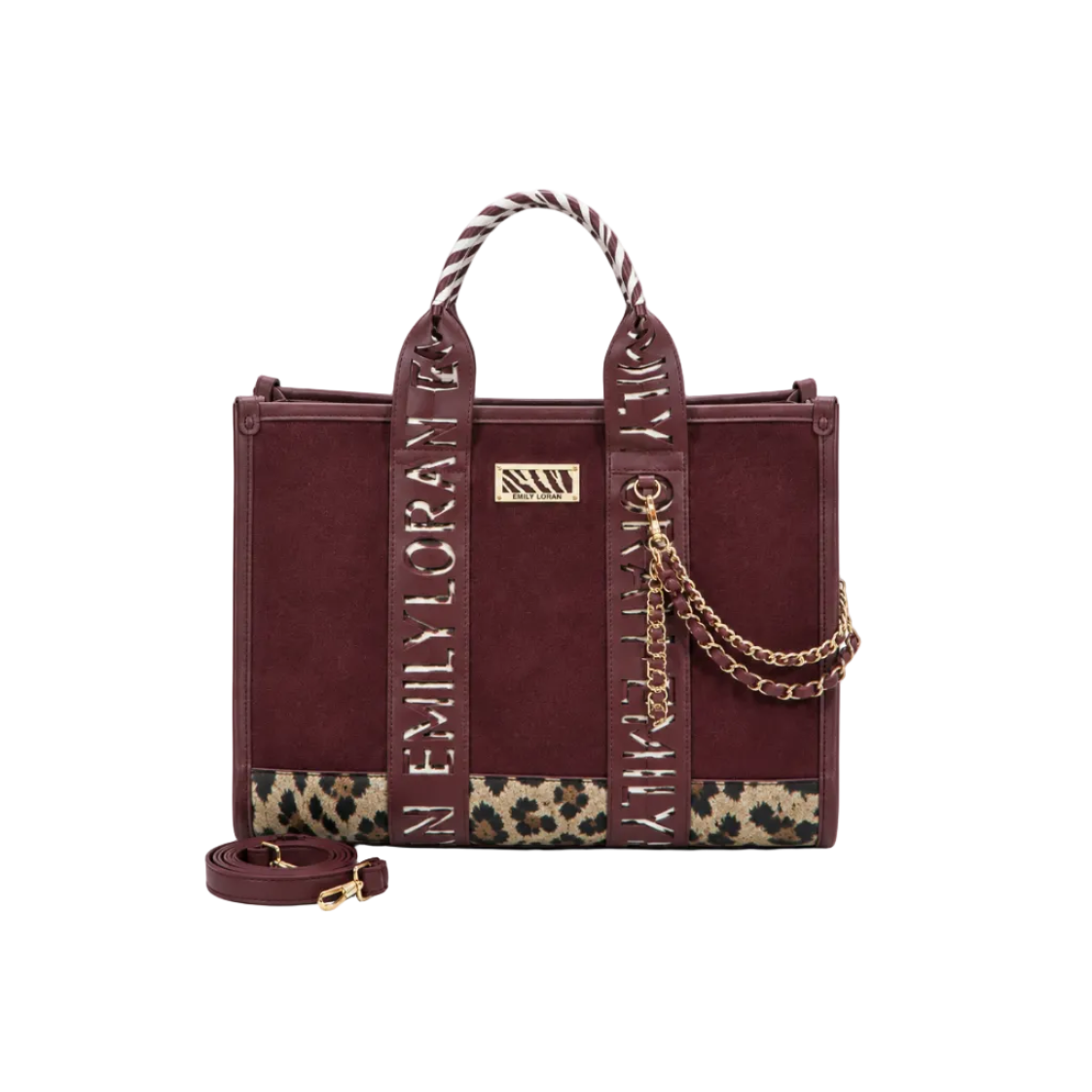 EMILY LORAN burgundy women's tote bag with leopard print accents, gold-tone hardware, top handles, detachable shoulder strap, and spacious interior for everyday use.