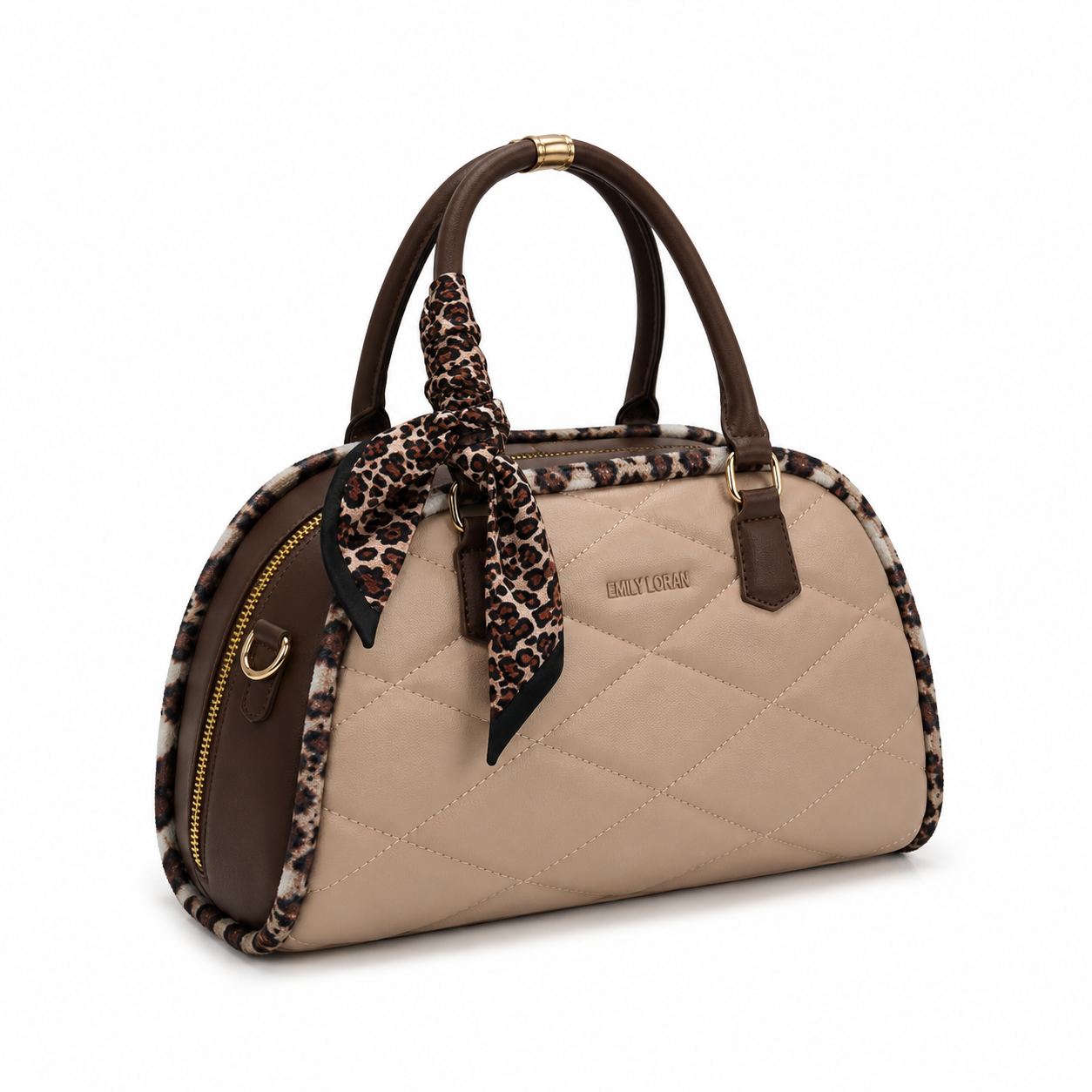 EMILY LORAN women's beige quilted satchel bag with brown trim, leopard-print bow scarf, dual top handles, and gold-tone hardware for an elegant everyday look.