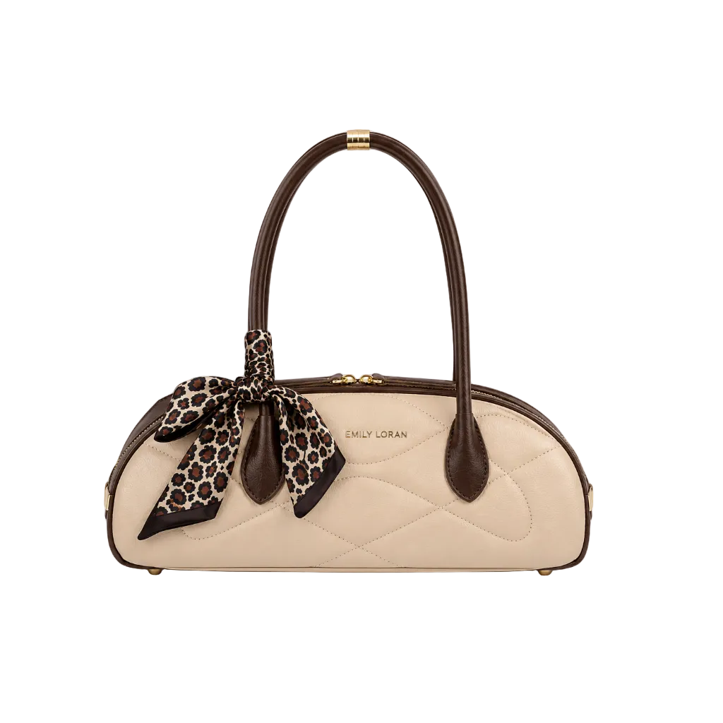 EMILY LORAN beige quilted women's shoulder bag with brown trim, decorative printed bow scarf, gold-tone hardware, and elegant everyday design.