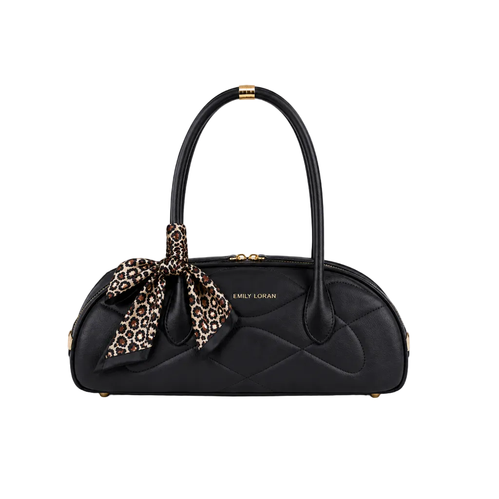 EMILY LORAN women's black quilted shoulder bag with long handles, leopard-print bow scarf, gold-tone hardware, and elegant everyday design.