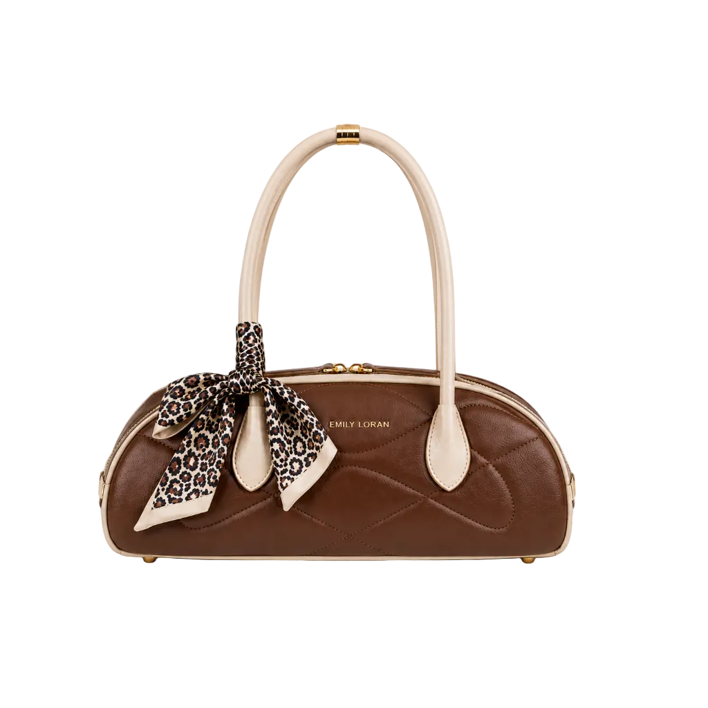 EMILY LORAN women's brown quilted shoulder bag with cream handles, leopard-print bow scarf, gold-tone hardware, and elegant everyday design.