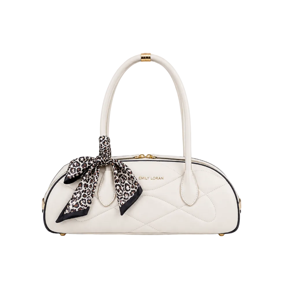 EMILY LORAN off white quilted women's shoulder bag with long handles, decorative printed bow scarf, gold-tone hardware, and elegant everyday design.