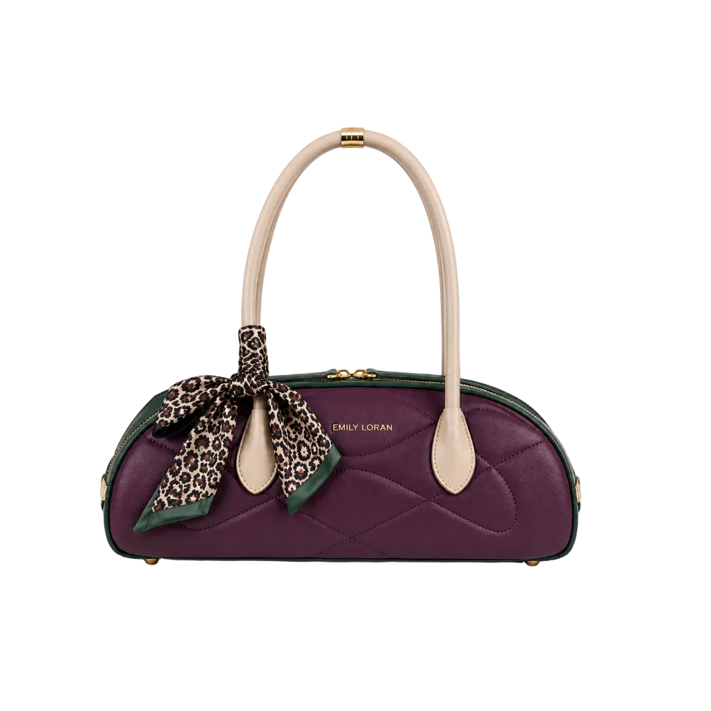 EMILY LORAN women's quilted shoulder bag in plum with dark green trim, cream handles, leopard-print bow scarf, gold-tone hardware, and elegant everyday design.