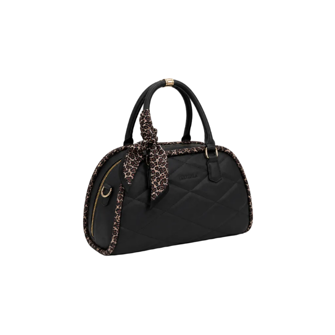 EMILY LORAN women's black quilted satchel bag with leopard-print scarf, dual top handles, gold-tone hardware, and spacious everyday design.