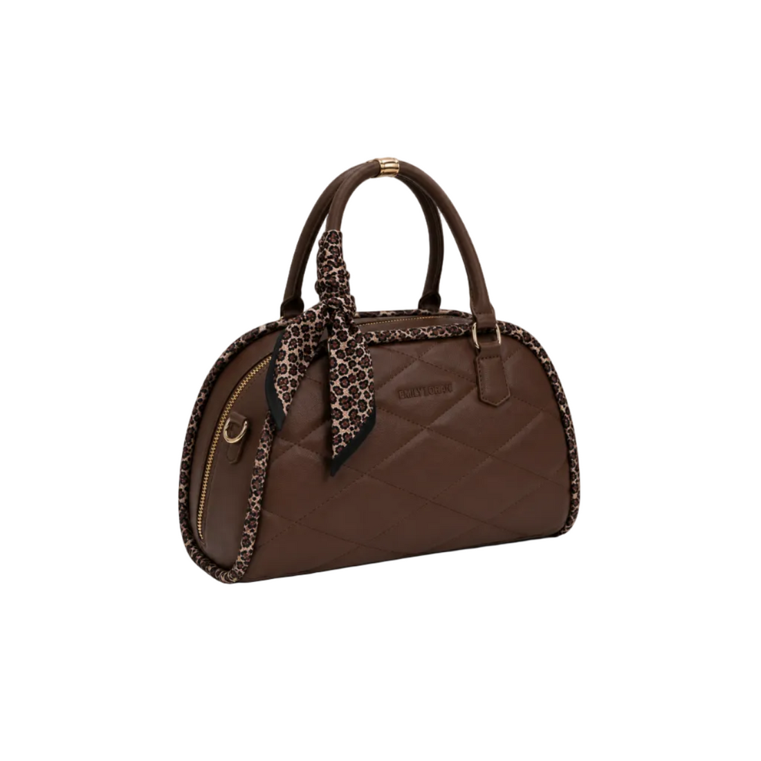 EMILY LORAN women's brown quilted satchel bag with leopard-print scarf, dual top handles, gold-tone hardware, and spacious everyday design.