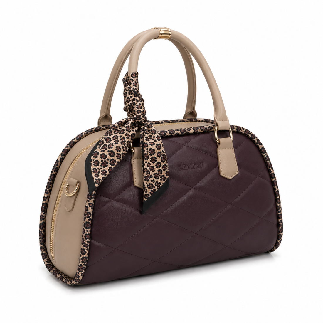 EMILY LORAN women's burgundy and beige quilted satchel bag with leopard-print scarf, dual top handles, gold-tone hardware, and elegant everyday design.