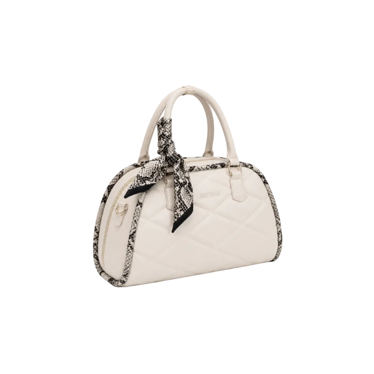 EMILY LORAN women's off white quilted satchel bag with snake-print trim, matching scarf, dual top handles, and gold-tone hardware for an elegant everyday style.