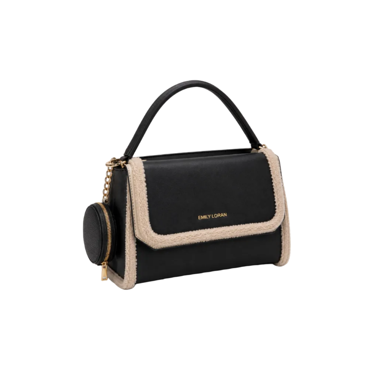 EMILY LORAN black shoulder handbag with cream shearling trim, gold-tone hardware, top handle, and detachable round coin pouch.