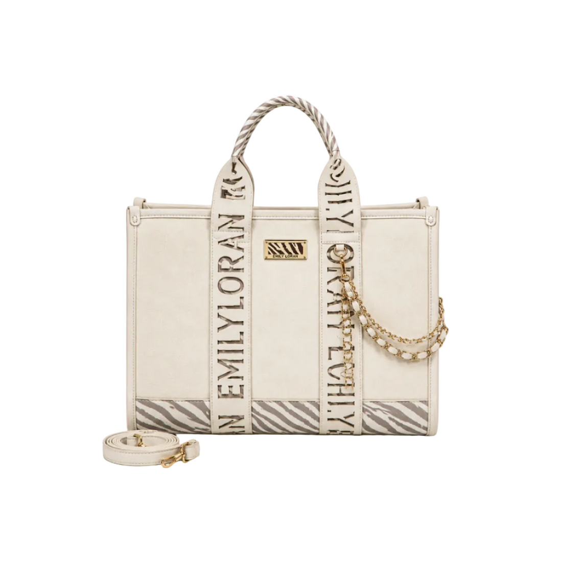 EMILY LORAN off white women's tote bag with zebra print accents, gold-tone hardware, top handles, detachable shoulder strap, and spacious interior for everyday use.