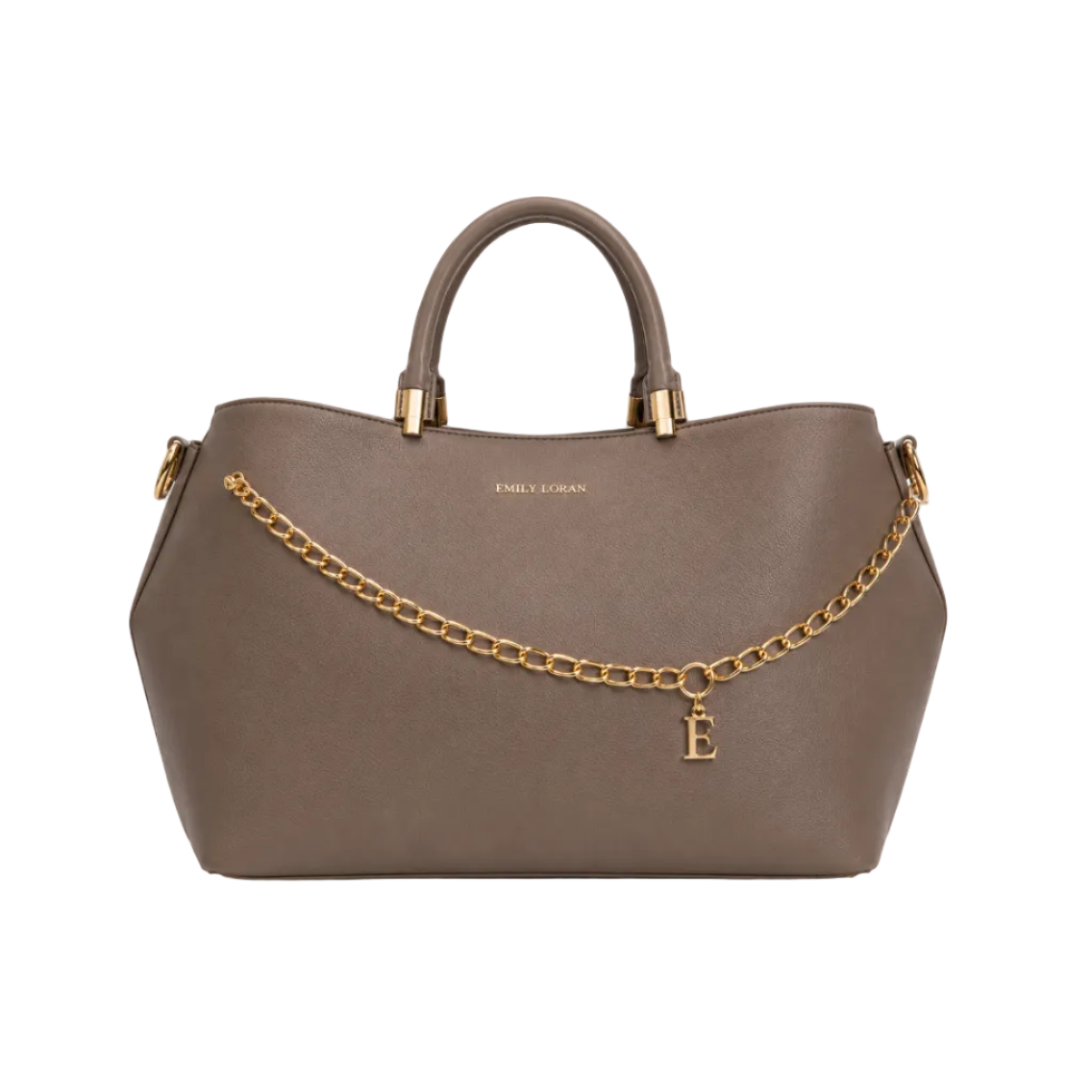EMILY LORAN taupe women's tote bag featuring gold chain accent, signature E charm, top handles, detachable shoulder strap, and spacious interior for everyday elegance.