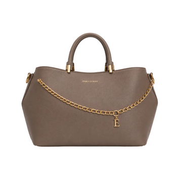 EMILY LORAN taupe women's tote bag featuring gold chain accent, signature E charm, top handles, detachable shoulder strap, and spacious interior for everyday elegance.