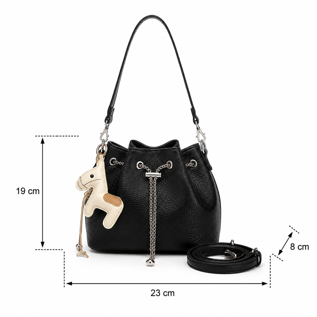 Front view of a black textured bucket shoulder bag with silver chain drawstring details and a horse charm, photographed in a professional studio on a clean white background.
